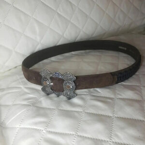 Vtg,Rodier Brown Suede/Leather Womans Belt with large Metal Buckle Size 34 1/2.